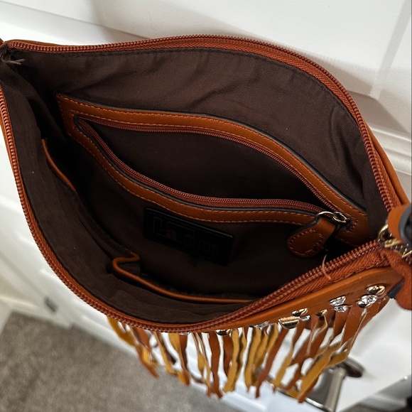 LaTique Crossbody Bag with Fringe and Rhinestones 9x9" - Picture 9 of 12